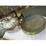 SILVER PLATE, Victorian plated meat dome, also Eastern white metal embossed circular bowl a/f