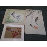 ORIENTAL ART, signed Japanese colour woodblock, "Exotic Fish", also signed oriental watercolour "
