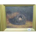 BEN HOLD, signed oil on canvas "Still Life Study - Birds Nest on Bank", 9" x 11"