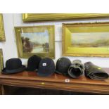 EQUESTRIAN, 3 riders helmets, leather gaitors and bowler hat