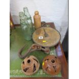 SPRING BALANCE SCALES, a Salter 20T brass faced spring balanced, two glass bottles, two carved