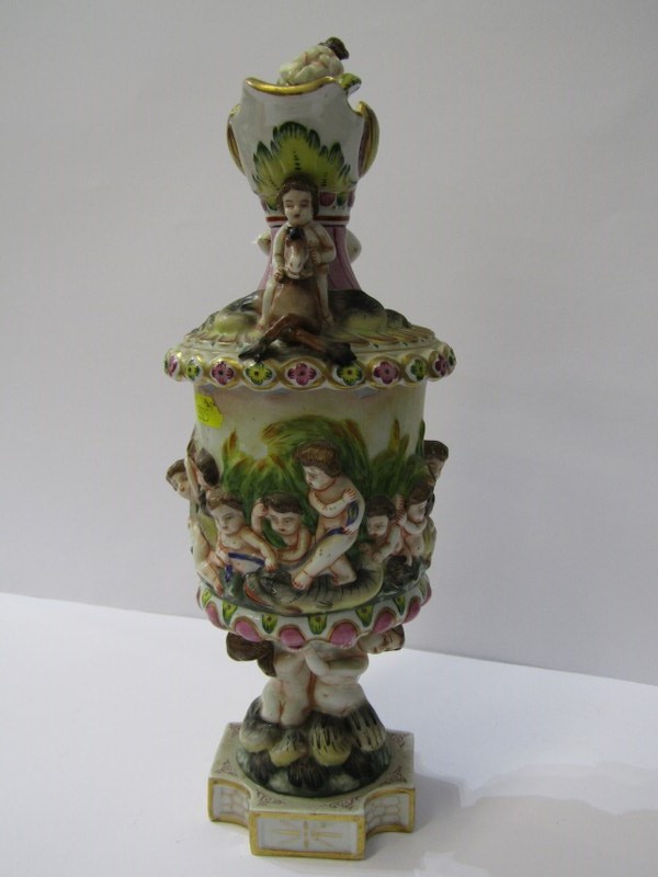 NAPLES EWER, pedestal ornate ewer jug decorated with relief putti on riverbank, 12.5" height - Image 2 of 3