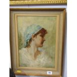 ITALIAN SCHOOL, oil on canvas "Portrait of Young Lady with blue scarf"