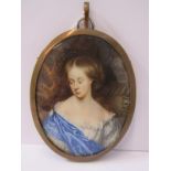 ANTIQUE PORTRAIT MINIATURE, oval pendant mounted portrait of young lady with blue sash over white