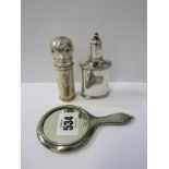 SILVER MINATURE PENDANT MIRROR, lorgnettes, perfume sprayer, etc