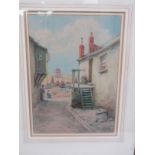 LEWIS MORTIMER, signed watercolour "Street Scene of St Ives Harbour", 14" x 10"