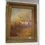 HUNTING, signed painting on canvas "Hunting Dog and Game", 22" x 16.5"