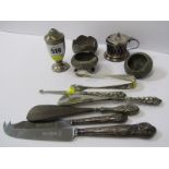 SILVER CONDIMENT WARE, mustard, pepperettes, Eastern silver salts af, also two silver handled shoe