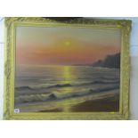 H.BRAUNSTON, signed oil on board "Sunset over Breaking Waves", 23" x 29"