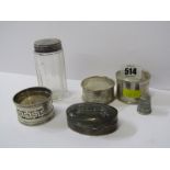 SILVER SHOWJUMPING JEWELL BOX; also 3 serviette rings, Oxford Spa silver thimble & vanity jar