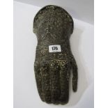 CAST IRON, model of Medieval knights gauntlet, 11.5" long.