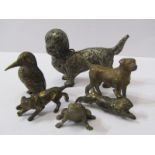 MINIATURE ANIMAL SCULPTURES, collection of 6 metal animals including frog and 3 dogs.