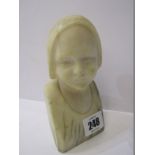 ART NOUVEAU, carved white marble bust of Girl in embroidered cap, 5.5"height