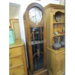 ART DECO GRANDFATHER CLOCK, with silvered dial & aerobic numeral in oak frame re-glaze front