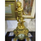 FRENCH GILT METAL MANTEL CLOCK, amorini cresting on green onyx base and floral painted clock face,