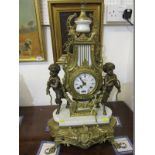 FRENCH STYLE ORNATE BRASS & WHITE MARBLE MANTEL CLOCK, decorated with pair of satyr children holding