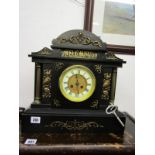 VICTORIAN MANTEL CLOCK, black marble temple design mantel clock by Samuel Edgcumbe, applied metal