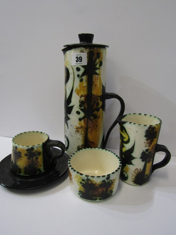 NEWLYN CELTIC POTTERY, coffee service of coffee pot, milk jug, 2 sugar bowls and 5 cups and saucers - Image 2 of 2