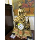 19th CENTURY FRENCH MANTEL CLOCK, gilt Mother and Child cresting with inset coloured marble plaques,