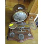 POSTAL SCALES, set of brass postal scales with 3 weights on a shaped mahogny plinth, also an