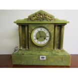 MANTEL CLOCK, green onyx temple design mantel clock, coiled bar strike and key