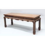 A GOOD QUALITY 19TH CENTURY CHINESE LOW HARDWOOD RECTANGULAR TABLE, the frieze and feet carved in