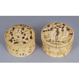 TWO SMALL 19TH CENTURY CHINESE CANTON IVORY GAMING COUNTER BOXES & COVERS, each 1.3in diameter. (2)