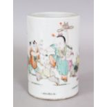 A CHINESE REPUBLIC STYLE PORCELAIN BRUSHPOT, decorated with calligraphy and with a group of