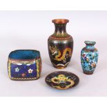 FOUR VARIOUS PIECES OF EARLY 20TH CENTURY CHINESE & JAPANESE CLOISONNE, the largest vase 6.25in