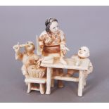 A GOOD QUALITY EARLY 20TH CENTURY SIGNED JAPANESE IVORY NETSUKE, carved in the form of a lady