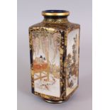 A GOOD QUALITY SIGNED JAPANESE MEIJI PERIOD SATSUMA SQUARE SECTION EARTHENWARE VASE, well painted
