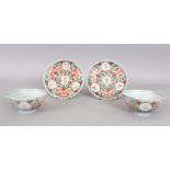 A PAIR OF 19TH CENTURY CHINESE PROVINCIAL IRON-RED & GREEN ENAMELLED PORCELAIN TEABOWLS & SAUCERS,