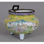 AN UNUSUAL 18TH/19TH CENTURY CHINESE YELLOW GROUND CANTON ENAMEL TRIPOD CENSER, decorated with