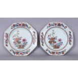 A PAIR OF 18TH CENTURY CHINESE QIANLONG PERIOD FAMILLE ROSE HEXAGONAL PORCELAIN PLATES, each painted