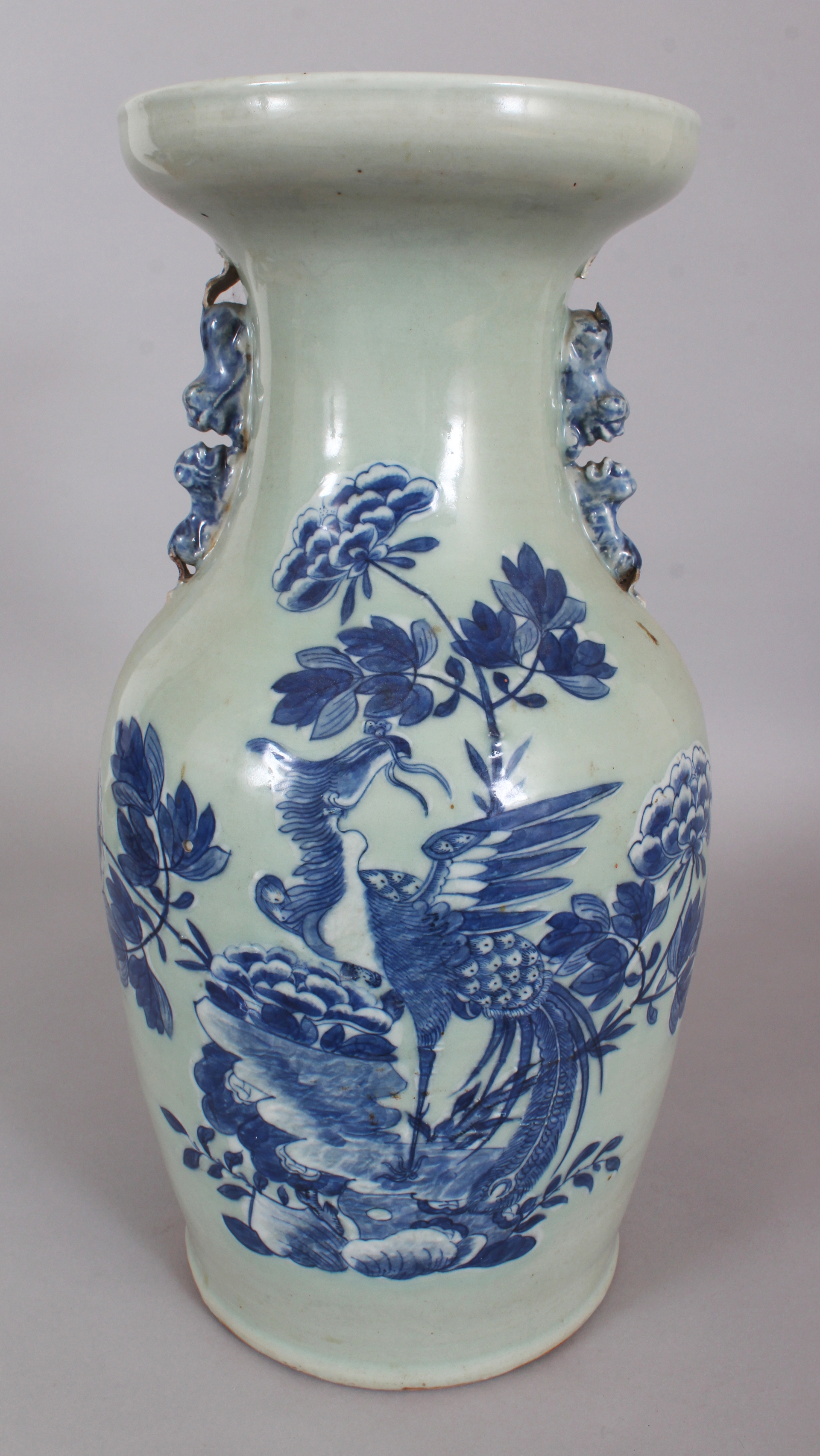 A 19TH CENTURY CHINESE BLUE & WHITE CELADON GROUND PORCELAIN PHOENIX VASE, painted with a phoenix