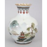 A 20TH CENTURY CHINESE PORCELAIN VASE, painted with calligraphy and a river landscape scene, the