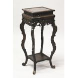 AN EARLY 20TH CENTURY JAPANESE SQUARE SECTION CARVED WOOD STAND, 12.75in square at top surface &