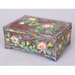 AN EARLY 20TH CENTURY CHINESE ENAMELLED & SILVERED METAL RECTANGULAR BOX, with a hinged cover,