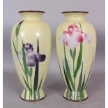 A LARGE PAIR OF JAPANESE MEIJI PERIOD WIRELESS CLOISONNE VASES, each decorated on a primrose