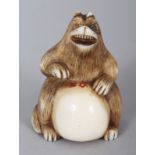 A SIGNED JAPANESE MEIJI PERIOD IVORY TANUKI RACOON DOG NETSUKE, beating his enlarged belly, the