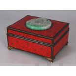 AN UNUSUAL EARLY 20TH CENTURY CHINESE & JAPANESE JADE & CLOISONNE RED GROUND RECTANGULAR BOX, the