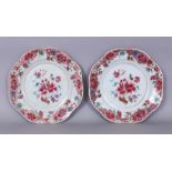 A PAIR OF 18TH CENTURY CHINESE QIANLONG PERIOD FAMILLE ROSE PORCELAIN PLATES, each with a wavy rim