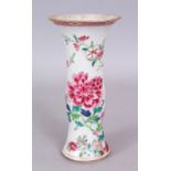 AN 18TH CENTURY CHINESE FAMILLE ROSE PORCELAIN GU VASE, painted with a bird perched on a branch