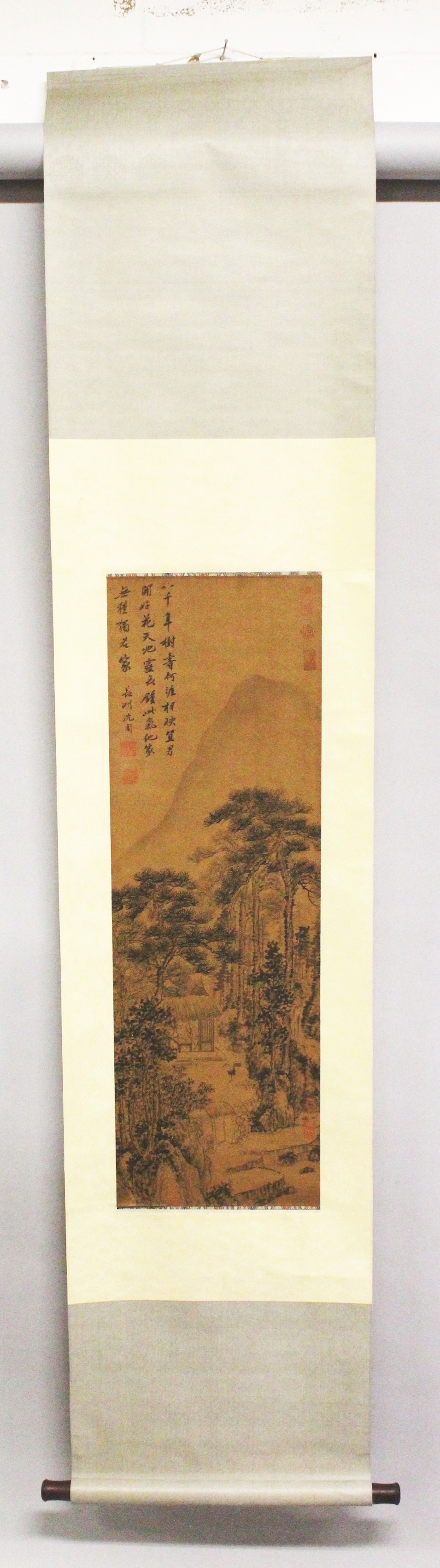 ANOTHER CHINESE HANGING SILK SCROLL PICTURE, depicting a hut beneath pine and before a towering - Image 2 of 5