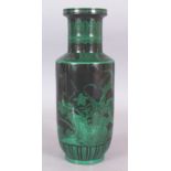 A CHINESE BLACK GROUND GREEN DECORATED PORCELAIN ROULEAU VASE, decorated with a scene of birds,