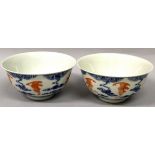 A PAIR OF GOOD QUALITY CHINESE IRON-RED & UNDERGLAZE-BLUE PORCELAIN BOWLS, each decorated with