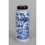 A GOOD QUALITY 19TH CENTURY CHINESE BLUE & WHITE CYLINDRICAL PORCELAIN SNUFF BOTTLE, together with a