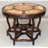 A LARGE GOOD QUALITY 19TH CENTURY CHINESE CIRCULAR PINK MARBLE TOP & MOTHER-OF-PEARL INLAID CARVED