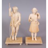 A PAIR OF GOOD QUALITY 19TH CENTURY INDIAN CARVED IVORY FIGURES, one holding a longbow, both mounted