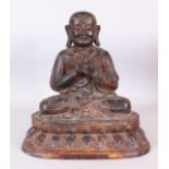 A LARGE SINO TIBETAN BRONZE FIGURE OF BUDDHA, seated in dhyanasana on a double lotus plinth, the